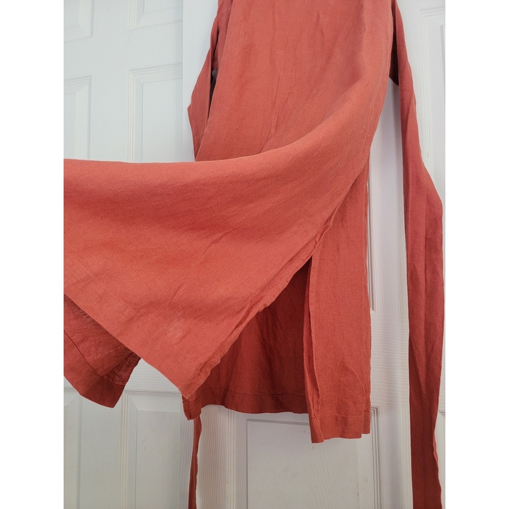 menique 100% Linen Hailey Sleeveless Obi Wrap Midi Dress Belted Red Small Pocket - Picture 13 of 15
